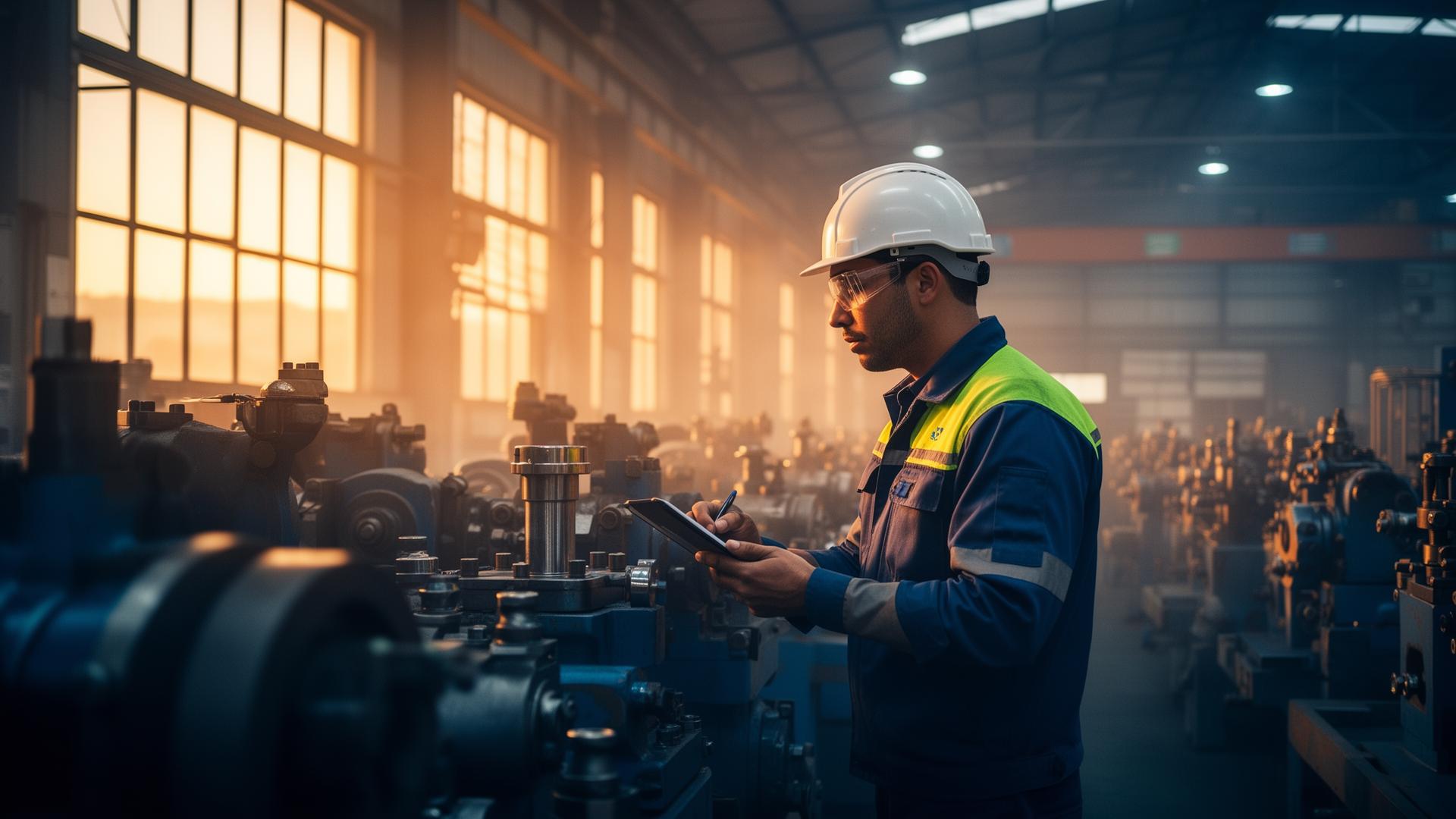 Técnico industrial inspecionando equipamentos em ambiente fabril
